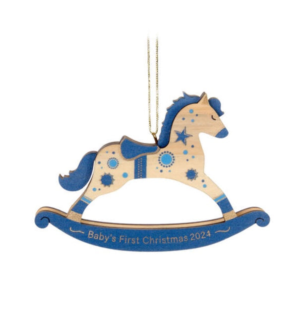 Baby Boy's First Christmas Rocking Horse 2024 Wood Ornament